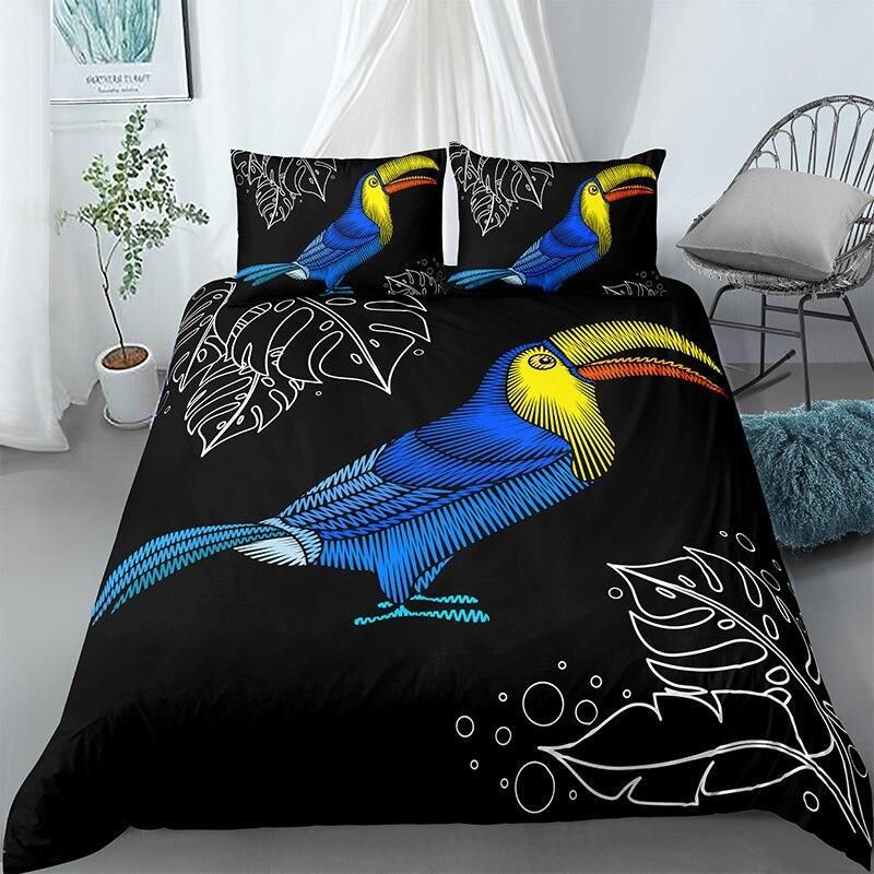 Colored Tucan Hand Drawing Leaves Bedding Set