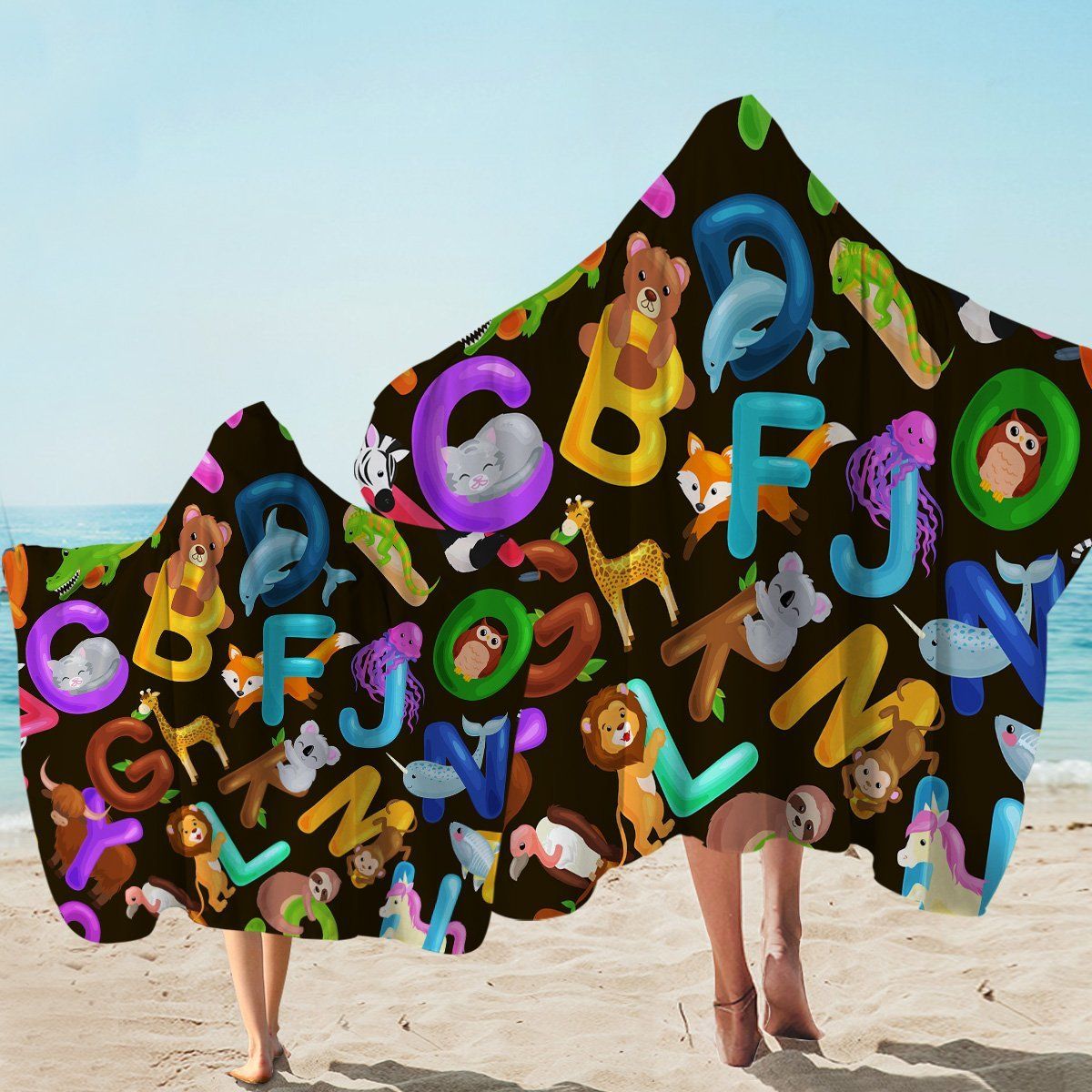 Colorful Alphabet Letters Random On Black Printed Hooded Towel