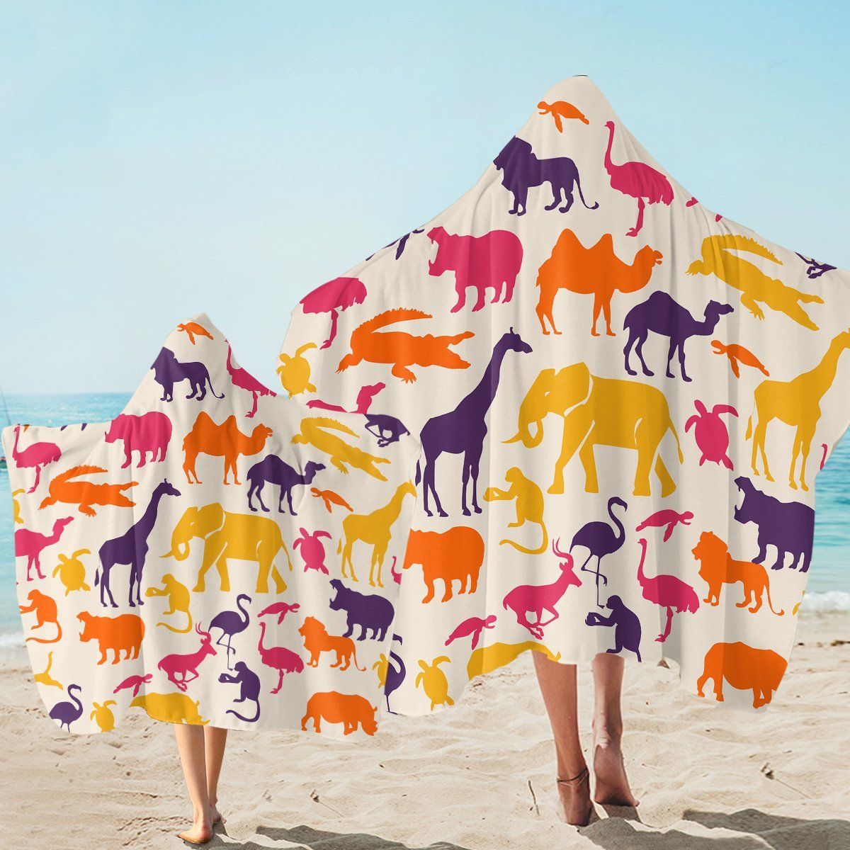 Colorful Animal Shadows On White Printed Hooded Towel