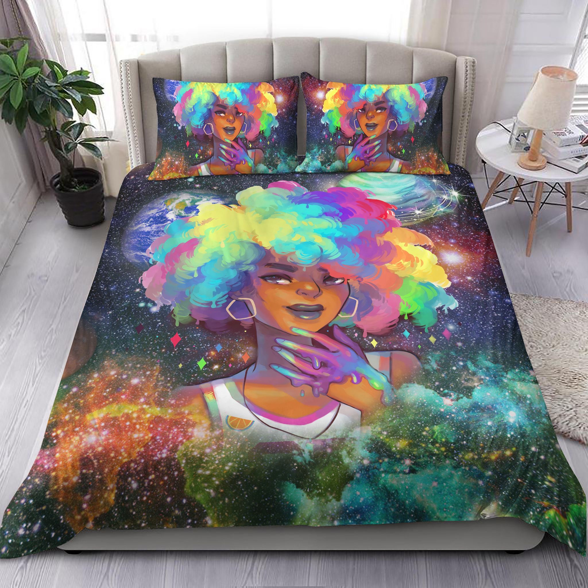Colorful Black Girl With Ruffled Hair Bedding Set