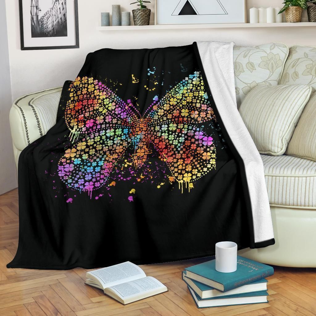 Colorful Buffterfly Clover Black Printed Fleece Blanket