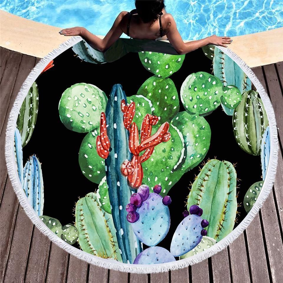 Colorful Cacti Art Printed Round Beach Towel