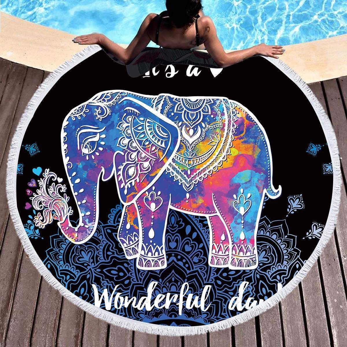 Colorful Cartoon Elephant Wonderful Day Round Beach Towel
