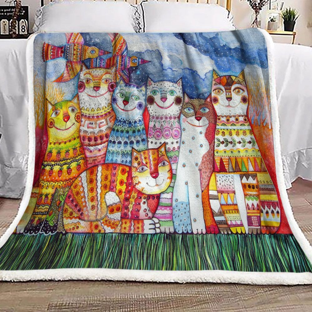 Colorful Cat And Bird Sherpa Fleece Blanket