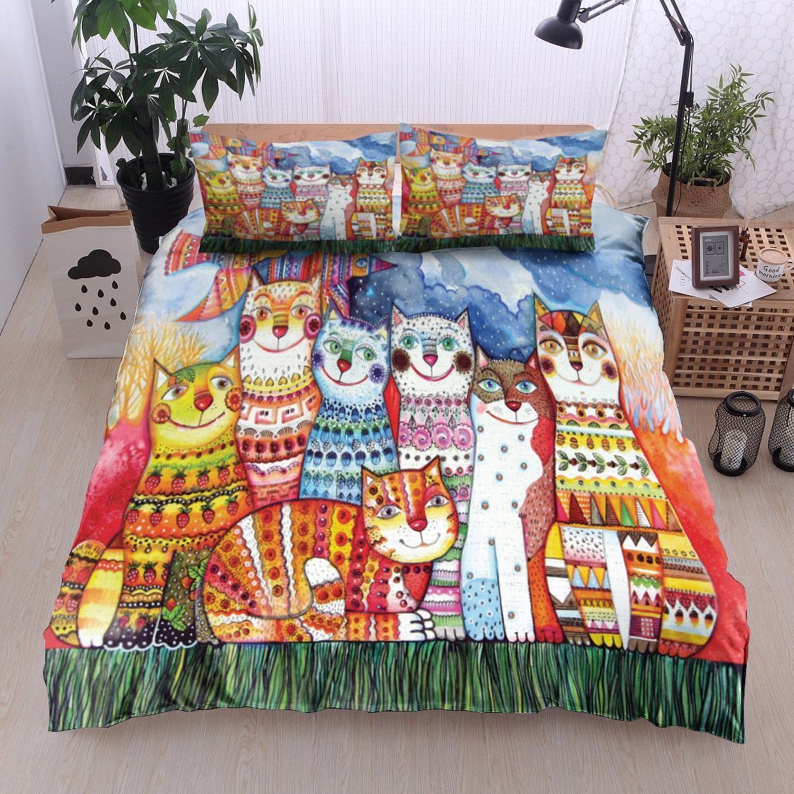 Colorful Cat And Bird Bedding Set