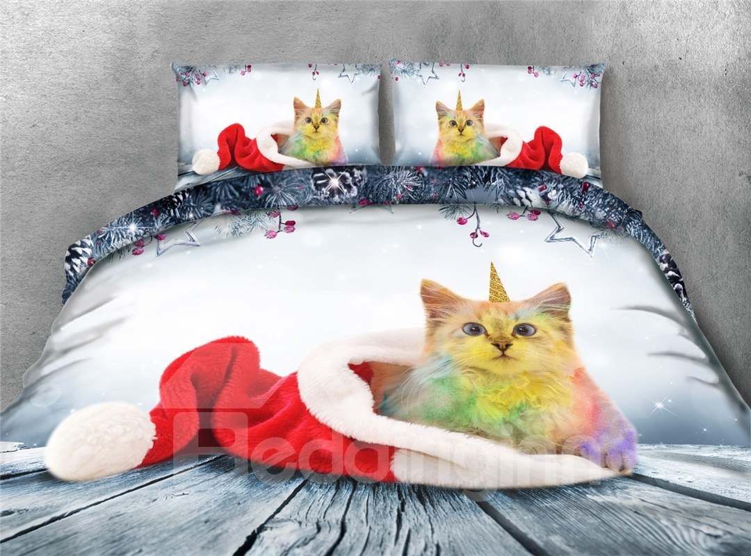 Colorful Cat And Christmas Hat Bedding Set