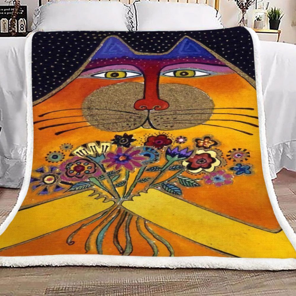Colorful Cat And Flower Sherpa Fleece Blanket