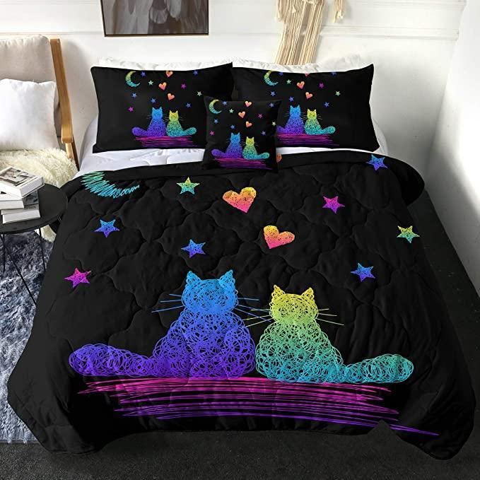Colorful Cat Date Stars Bedding Set