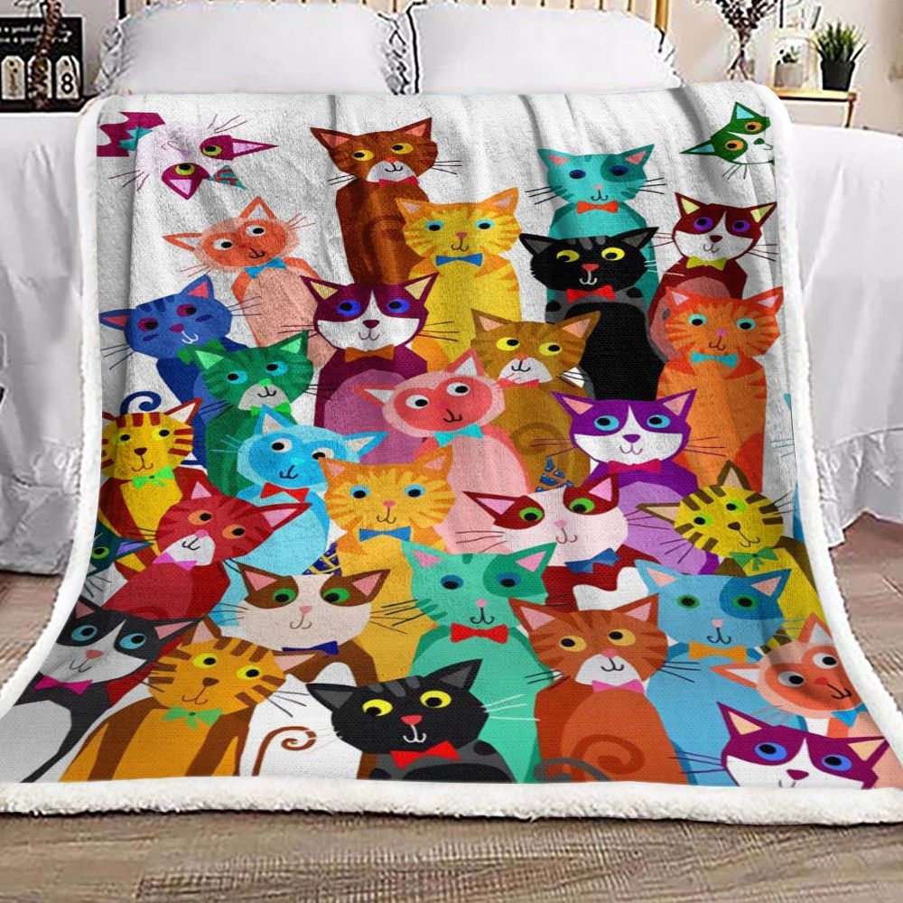 Colorful Cats With Bow Sherpa Fleece Blanket