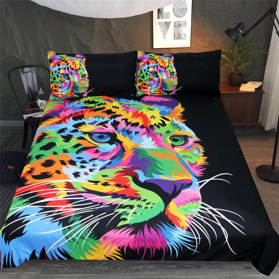 Colorful Cheetah Face On Black Bedding Set