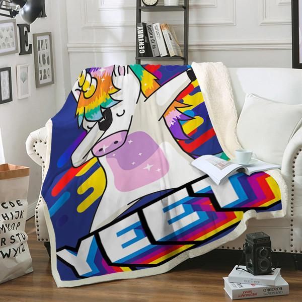 Colorful Dabbing Dancing Unicorn Sherpa Fleece Blanket
