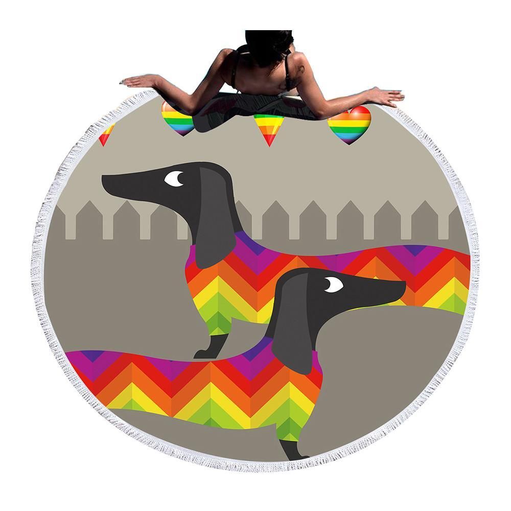Colorful Daschund Sausage Gift For Dog Lovers Printed Round Beach Towel