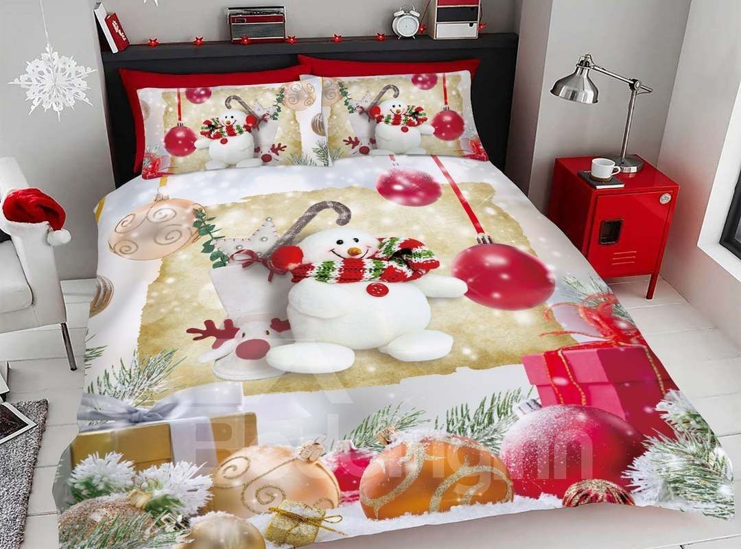Colorful Decorative Balls And Happy Snowman 3d Bedding Set