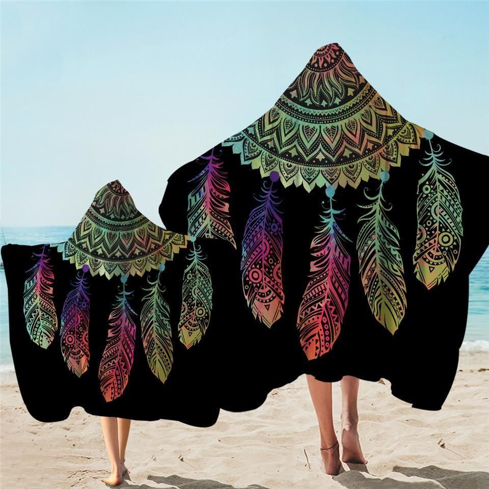 Colorful Dreamcatcher With Feather In Black Printed Hooded Towel