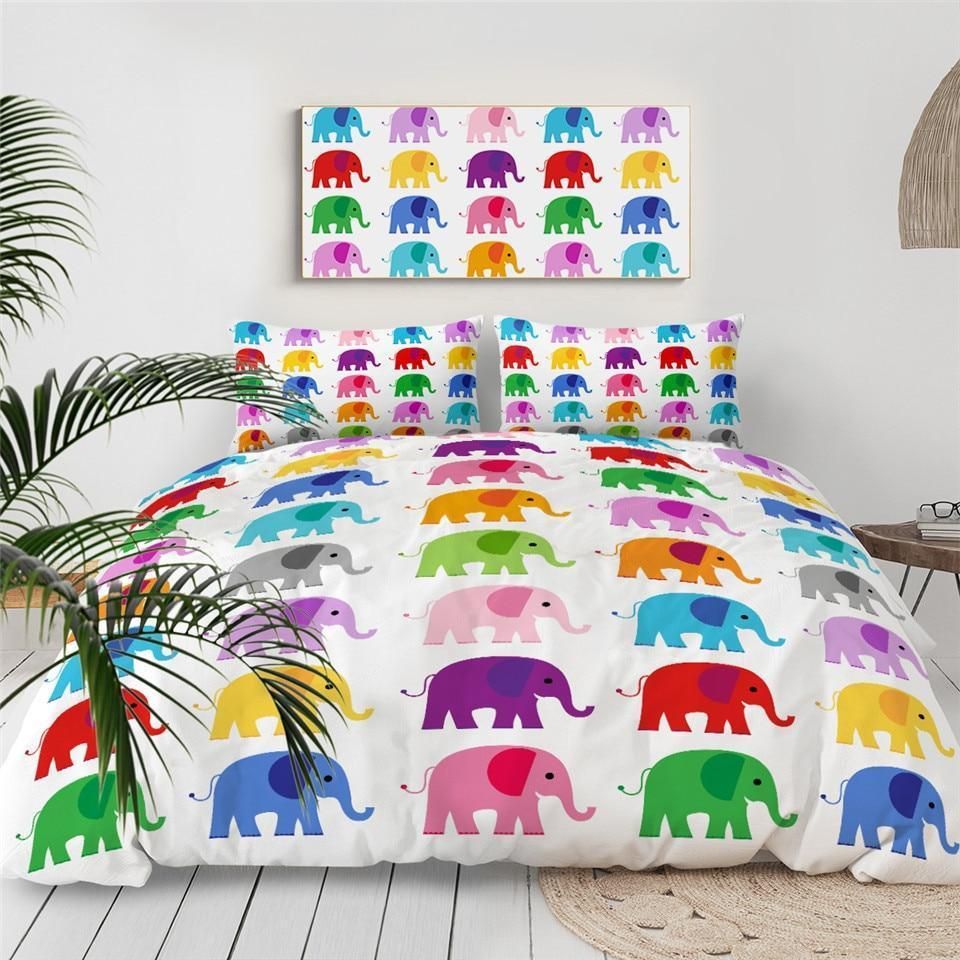 Colorful Elephant In White Bedding Set