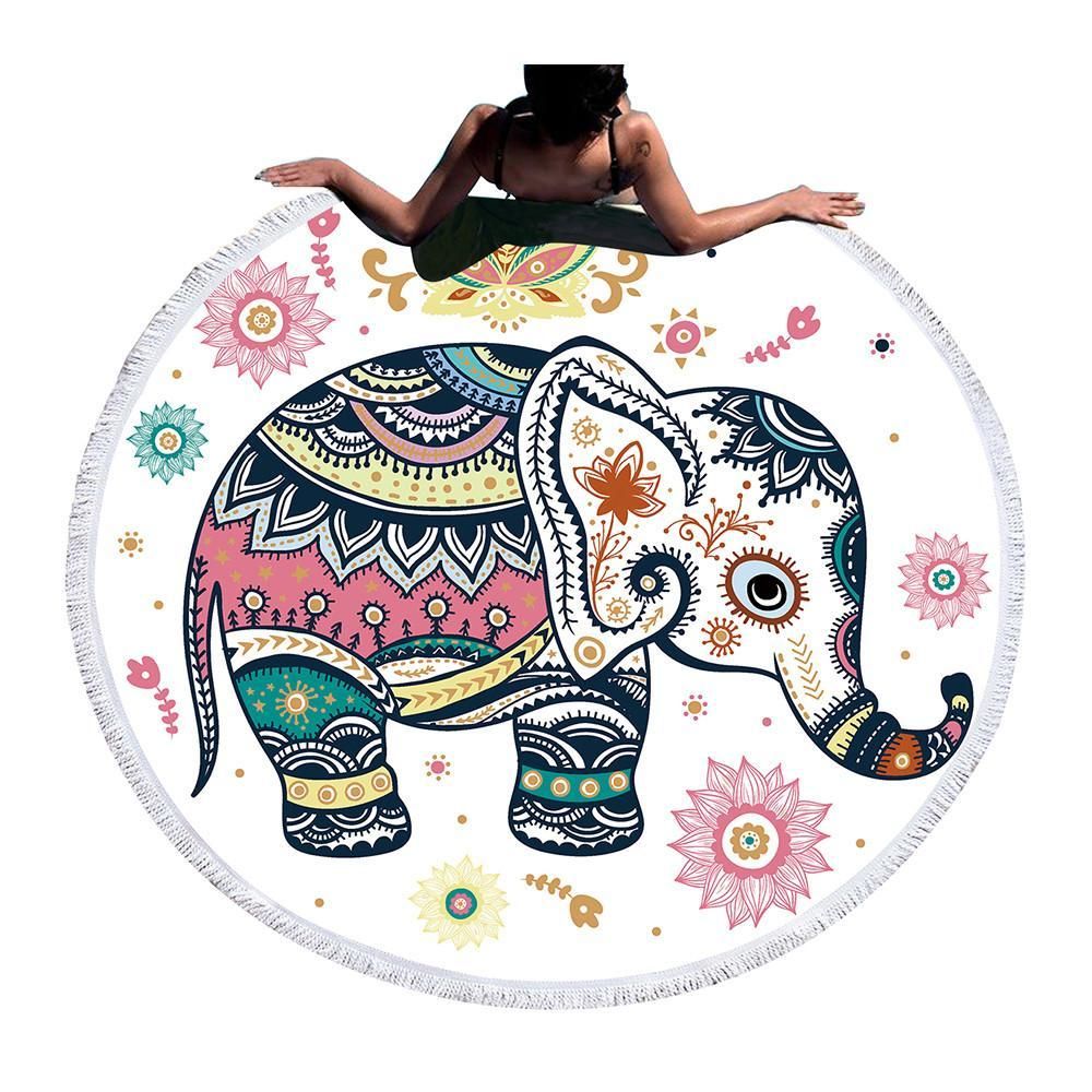 Colorful Elephant Pink Flowers Art Printed Round Beach Towel