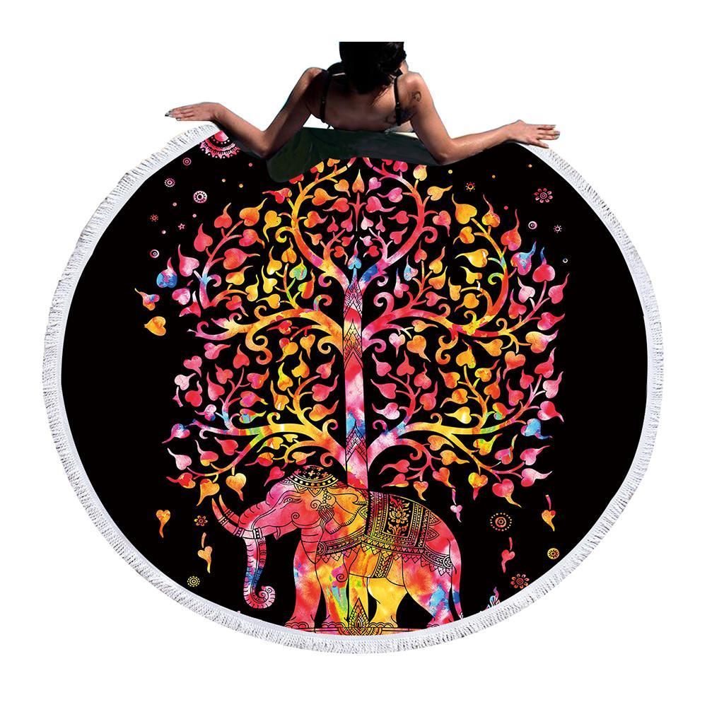 Colorful Elephant Tree On Black Printed Round Beach Towel