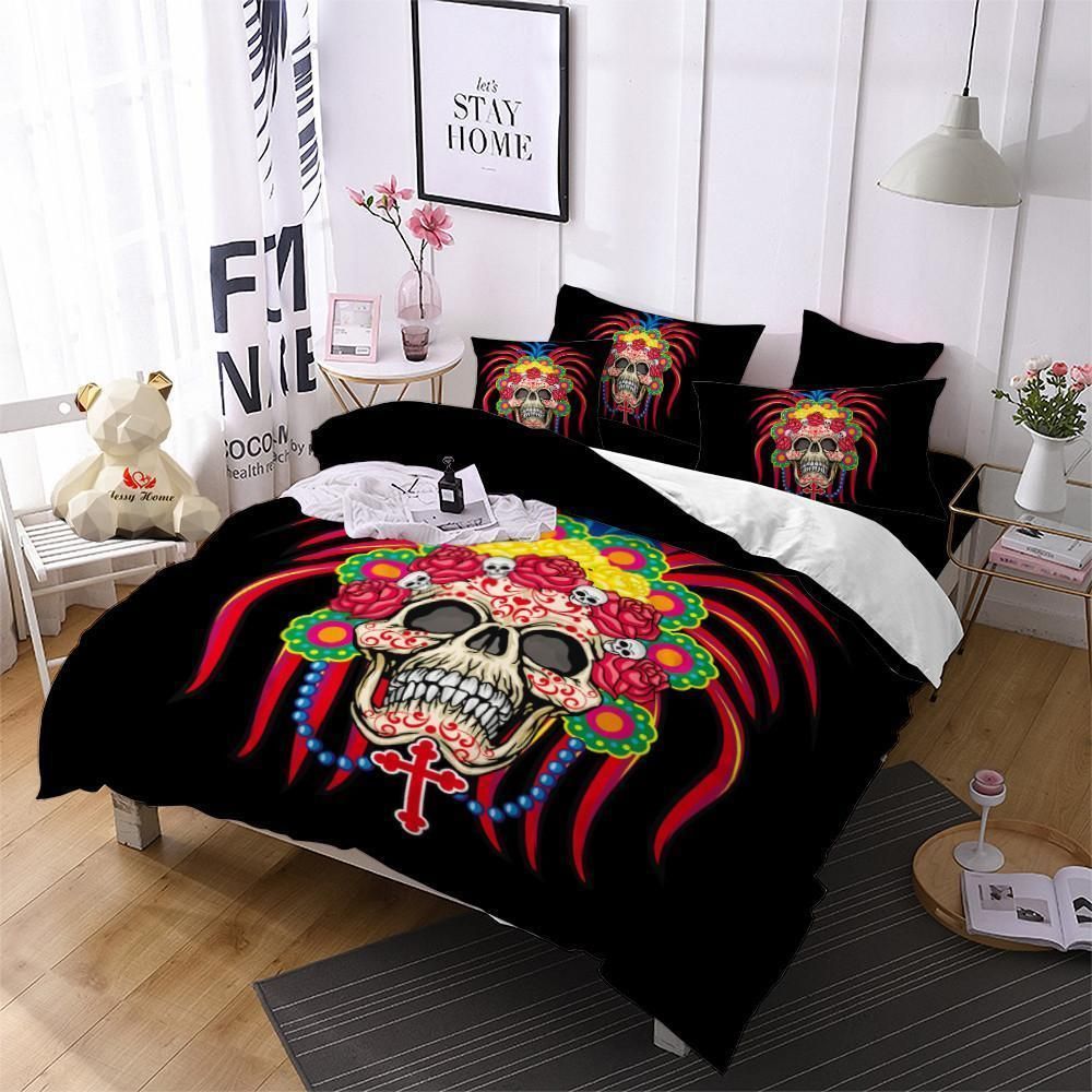 Colorful Feather Flower Print Skull Bedding Set