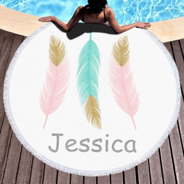 Colorful Feather On White Custom Name Printed Round Beach Towel