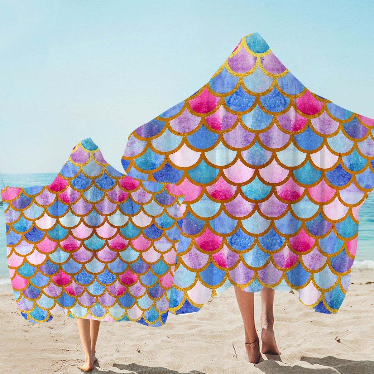 Colorful Fish Scales Watercolor Printed Hooded Towel