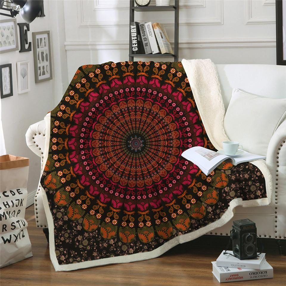 Colorful Floral Medallion Mandala Sherpa Fleece Blanket