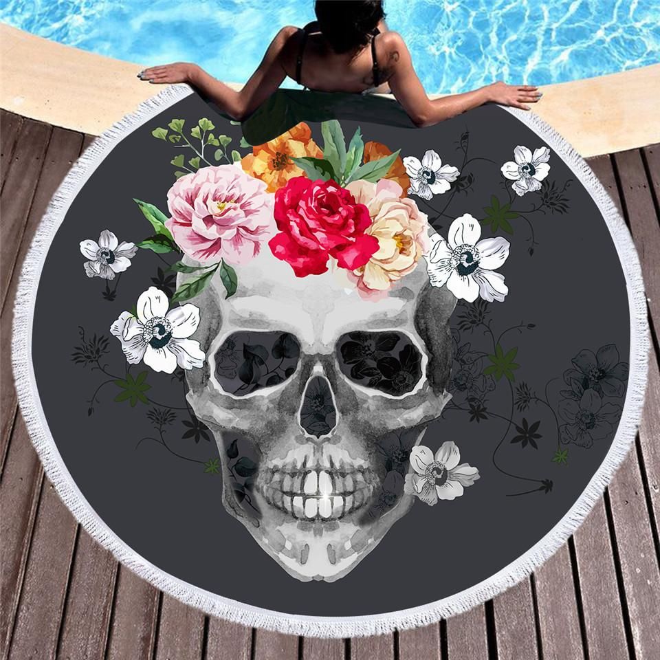 Colorful Floral Tassel Sugar Skull Round Beach Towel