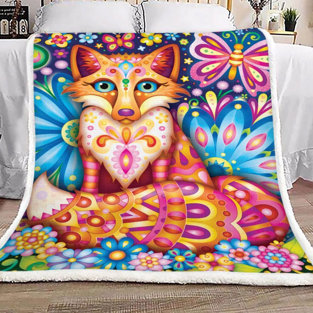 Colorful Fox Sherpa Fleece Blanket