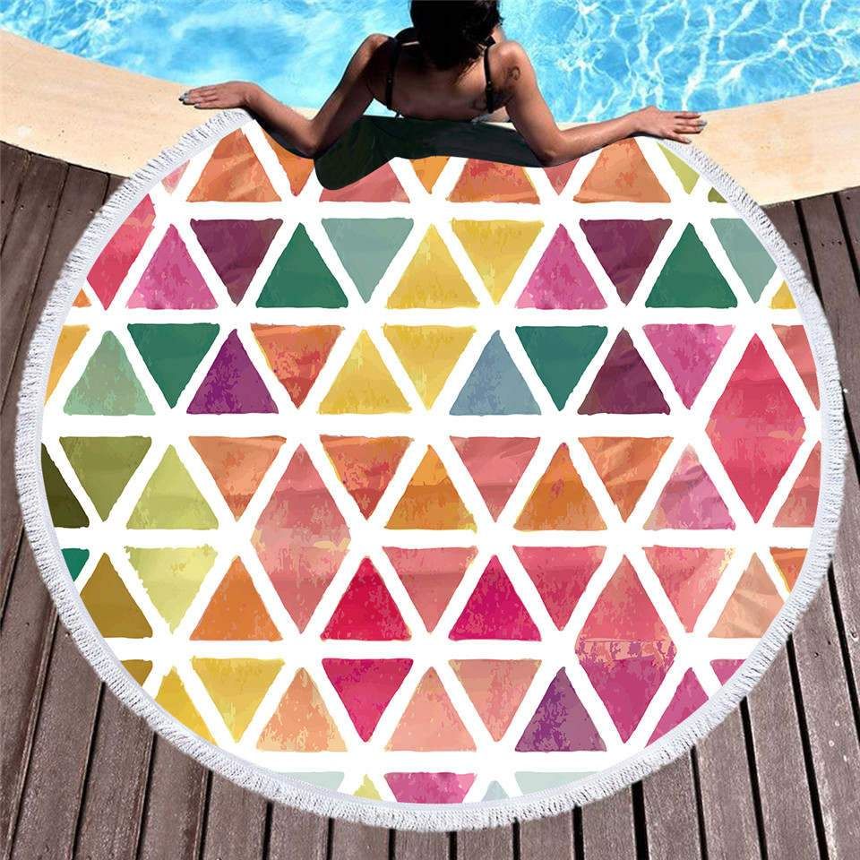 Colorful Geometric Triangles Round Beach Towel
