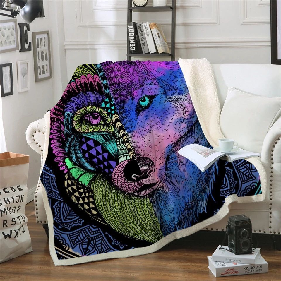 Colorful Geometric Wolf Mandala Sherpa Fleece Blanket