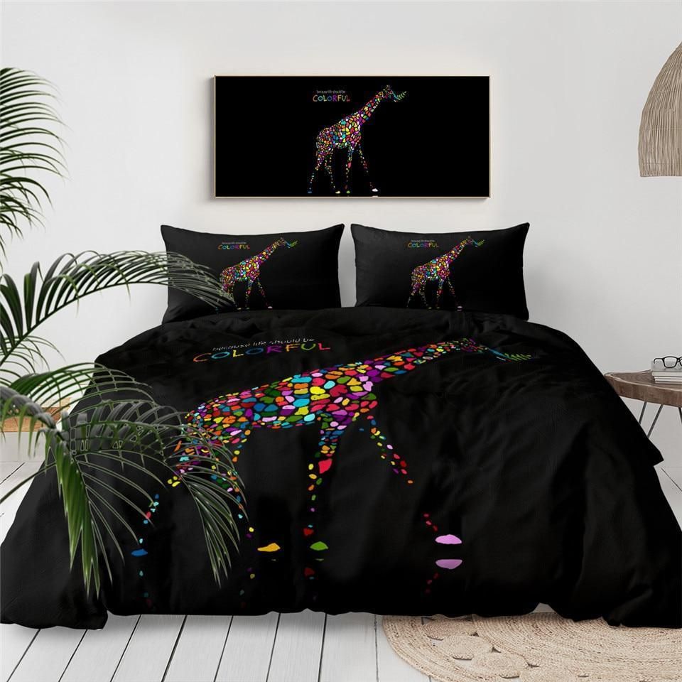 Colorful Giraffe Black Background Bedding Set