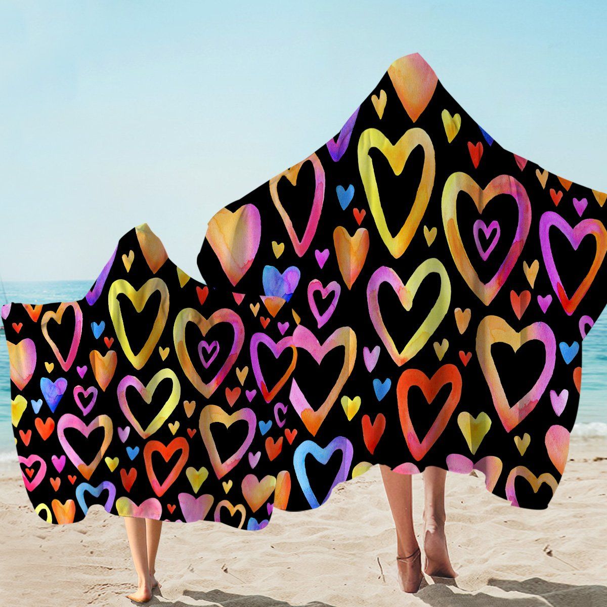 Colorful Heart Patterns Black Printed Hooded Towel