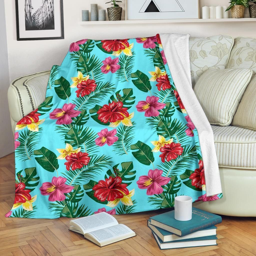 Colorful Hibiscus Hawaiian Flower Blue Fleece Blanket