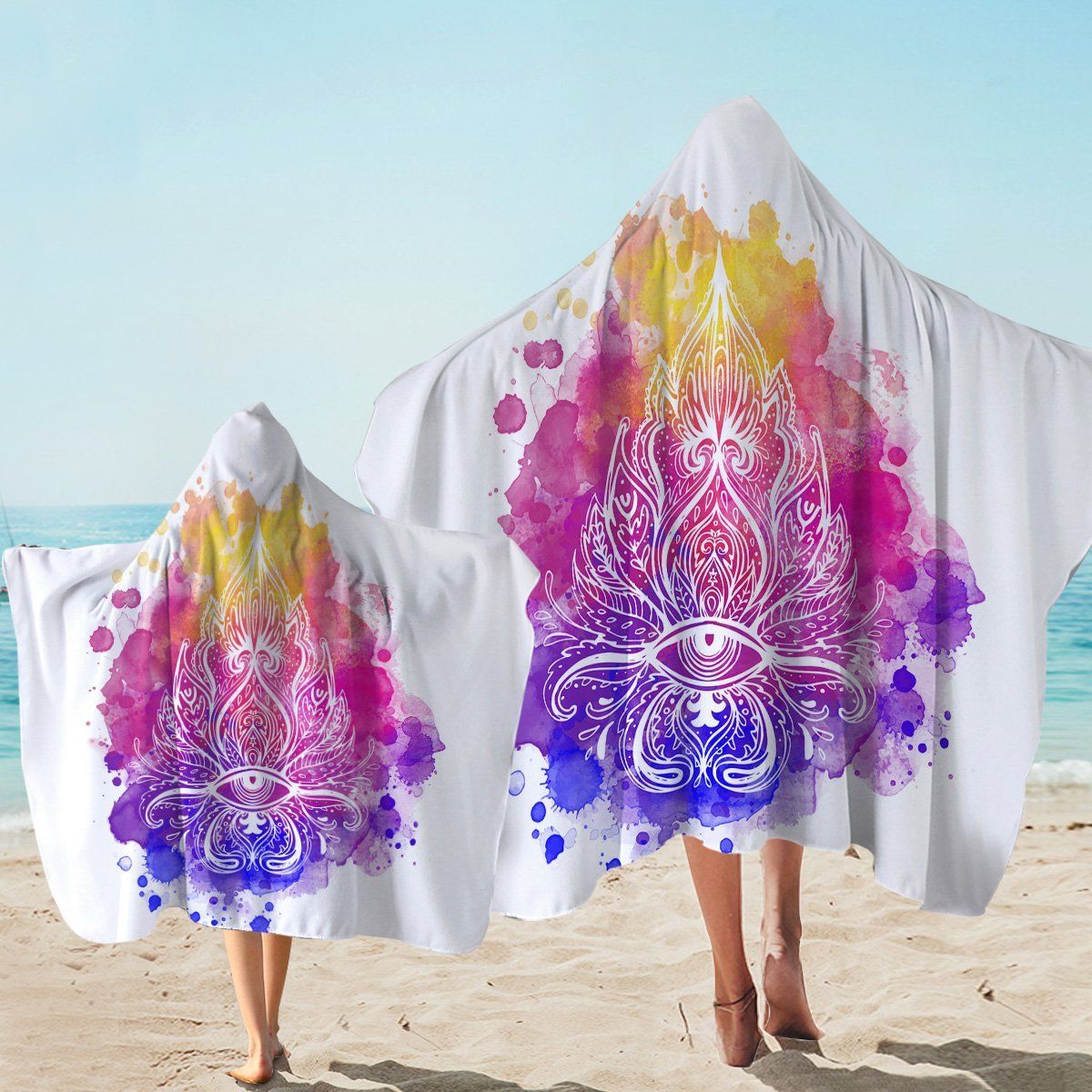 Colorful Holly Eye On White Printed Hooded Towel