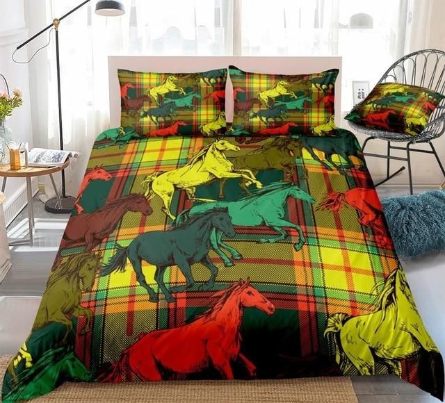 Colorful Horses Running And Caro Pattern Background 3D Printed Bedding Set