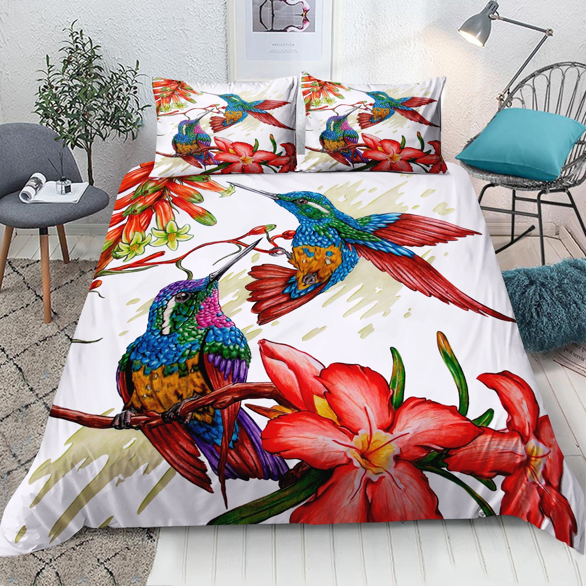 Colorful Hummingbird Couple Bedding Set