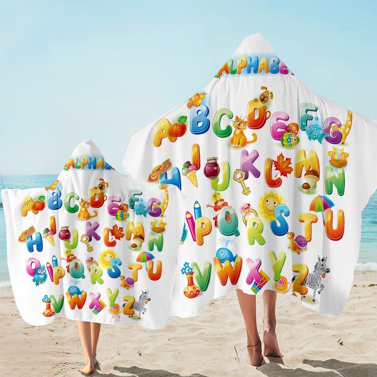 Colorful Kid English Alphabet On White Printed Hooded Towel