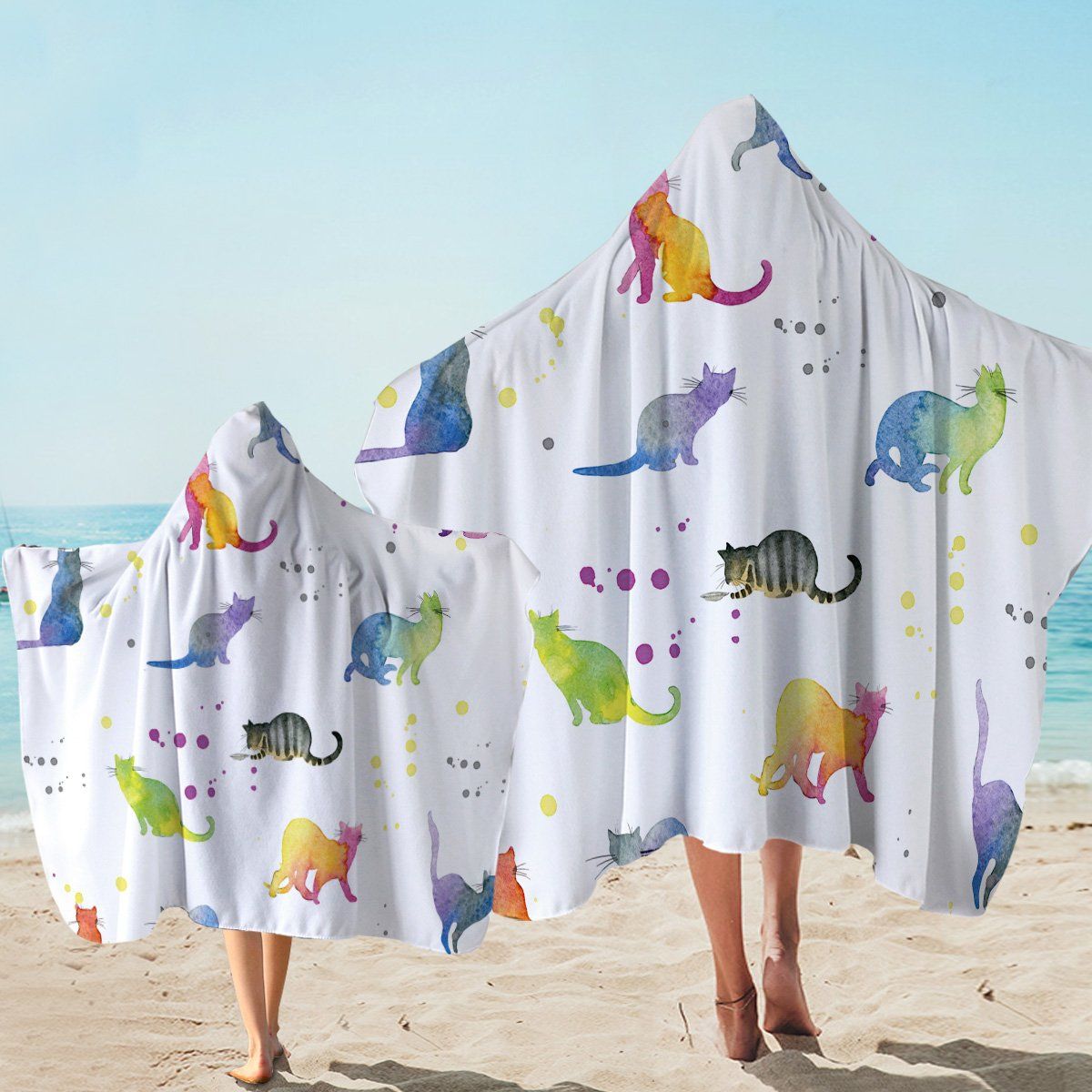 Colorful Kitty Patterns On White Printed Hooded Towel