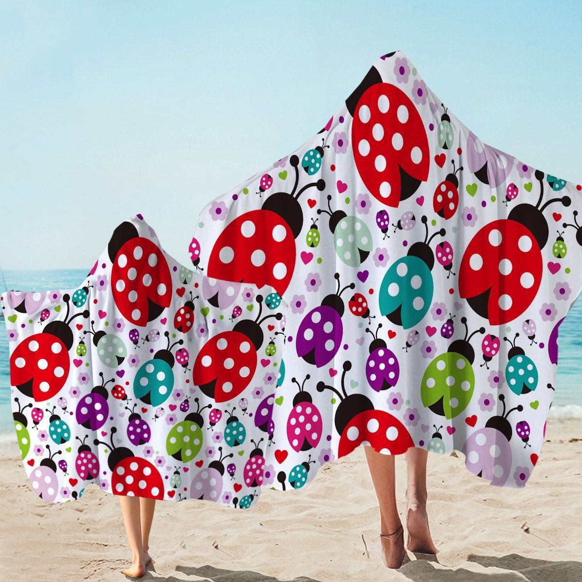 Colorful Ladybugs Pattern Printed Hooded Towel