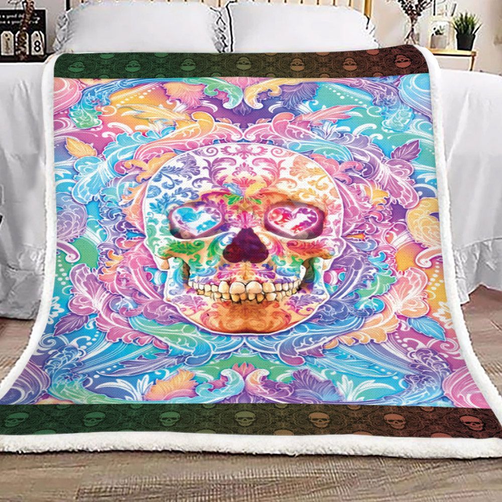 Colorful Mandala Skull Sherpa Fleece Blanket
