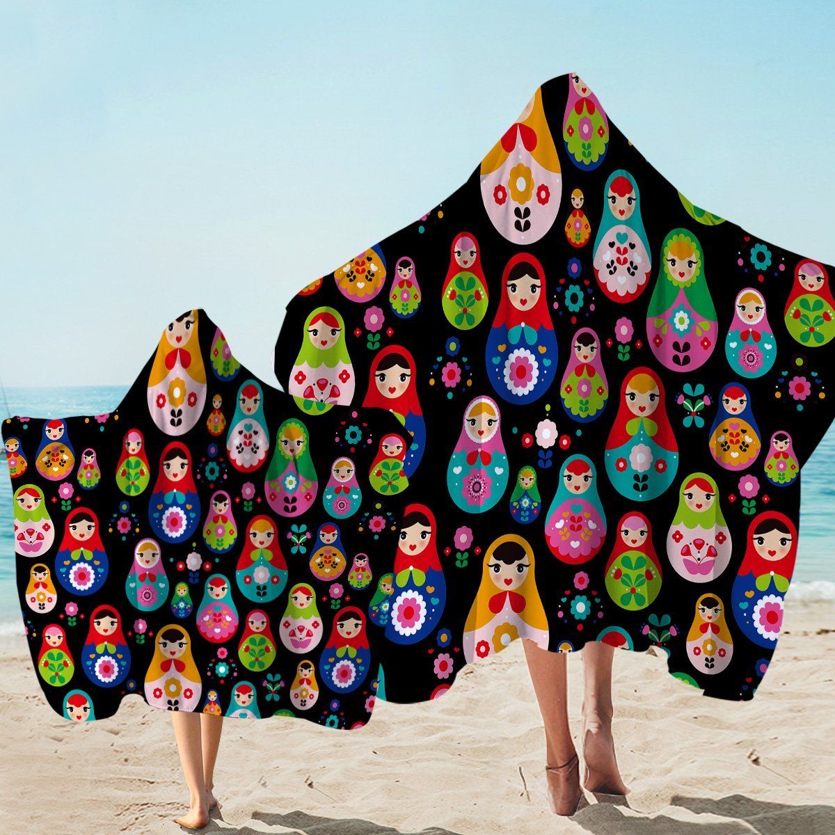 Colorful Matryoshka Collection On Black Printed Hooded Towel