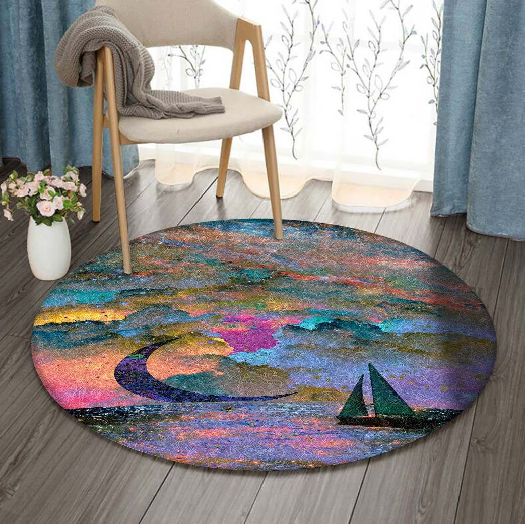 Colorful Ocean Boat Moon And Star Round Carpet