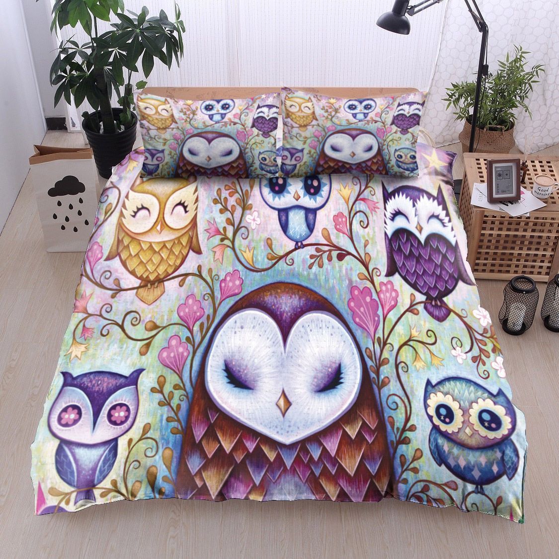 Colorful Owl And Floral Bedding Set