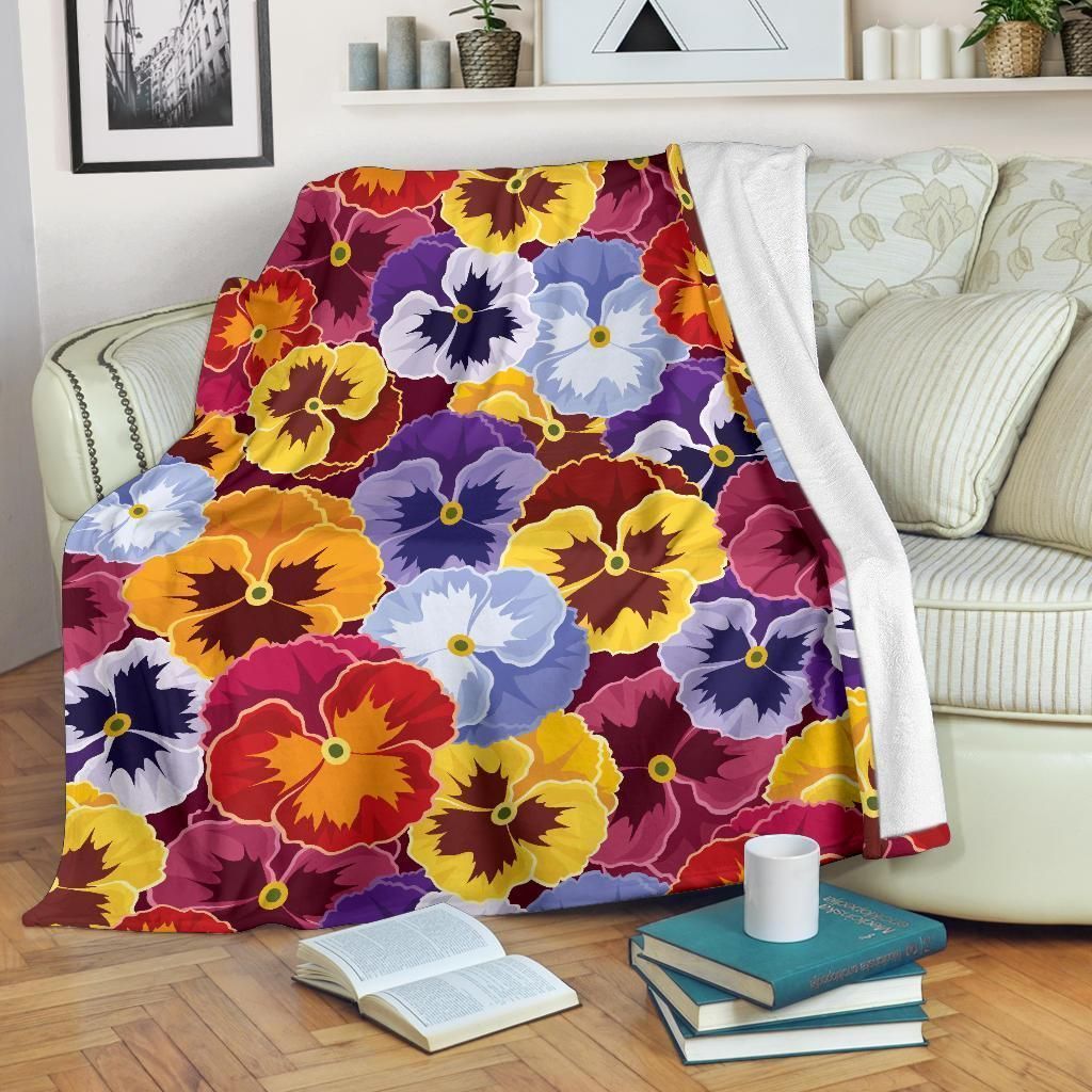 Colorful Pansy Pattern Print Design Blue Fleece Blanket