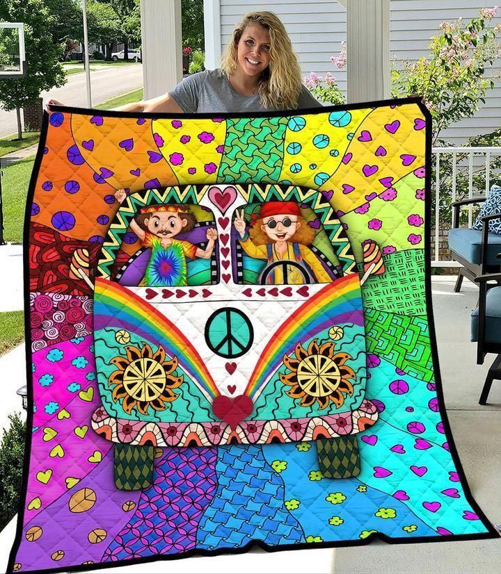 Colorful Pattern Bus Camping Peace Life Printed Fleece Blanket