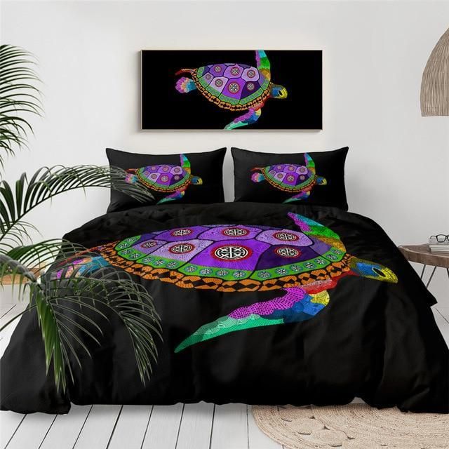 Colorful Pattern Turtle Black Background Bedding Set