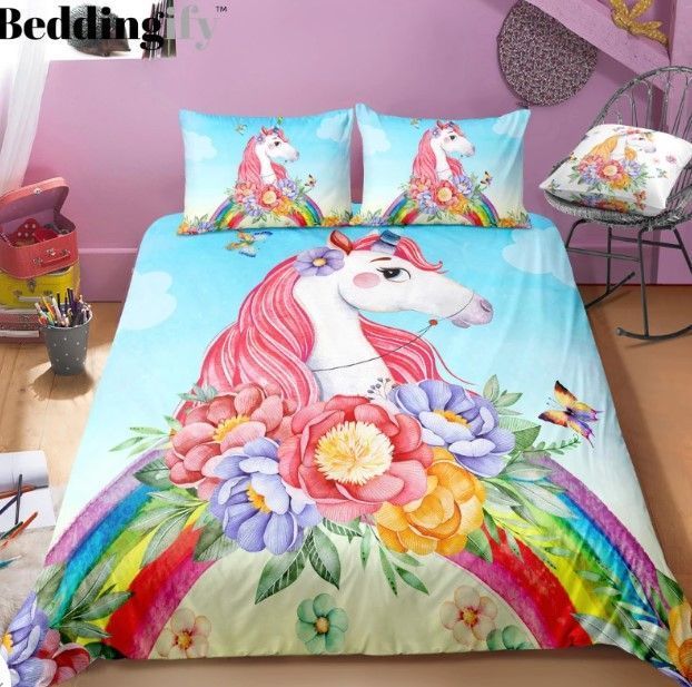 Colorful Rainbow And Flowers Unicorn Bedding Set