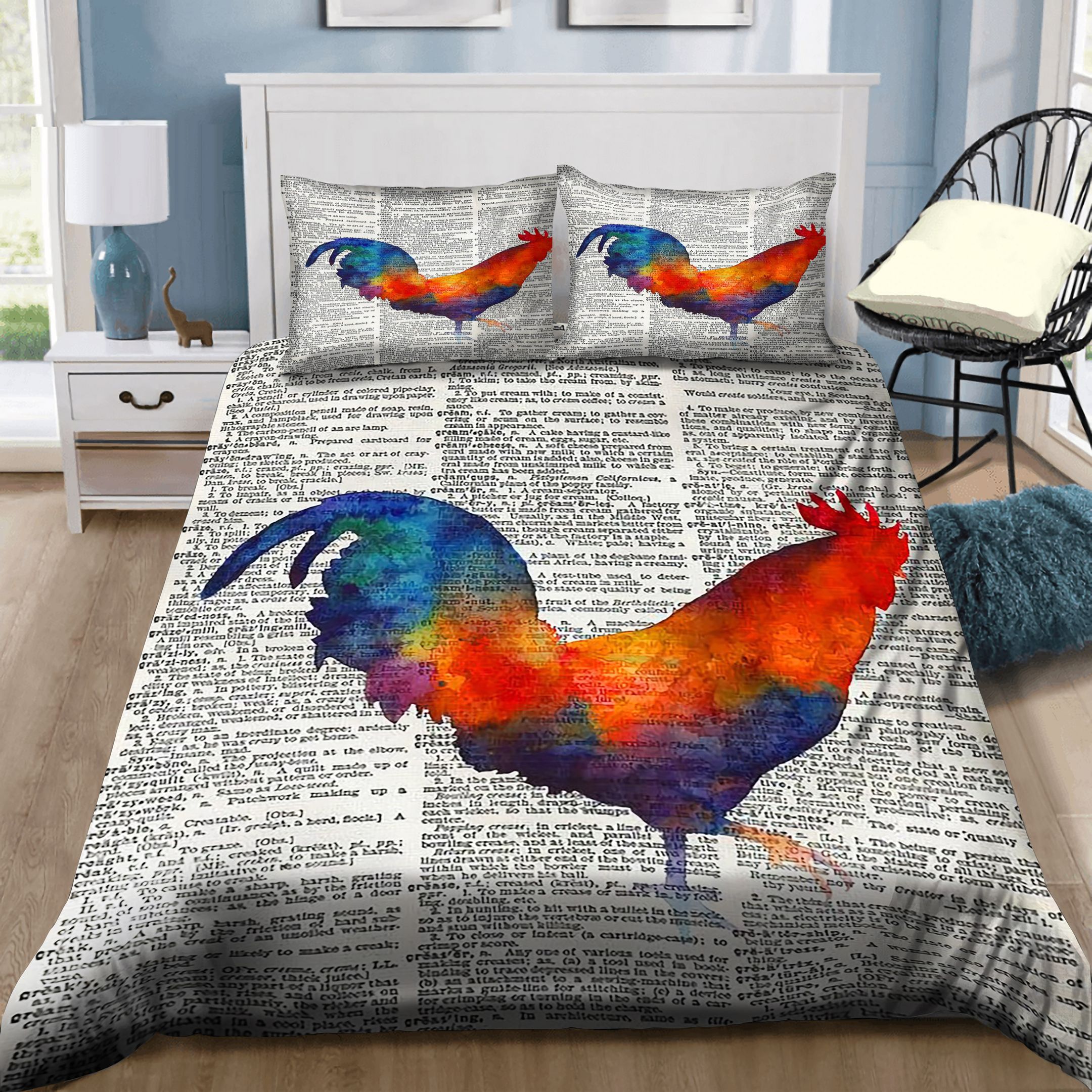 Colorful Rooster On Vintage Dictionary Bedding Set