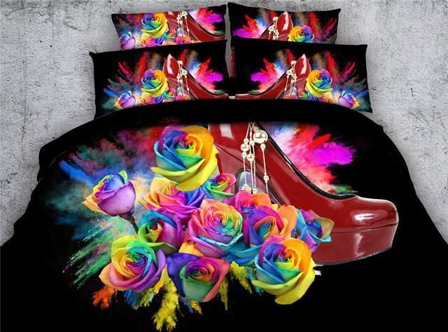 Colorful Roses And Red High heeled Shoes 3d Printed Bedding Set