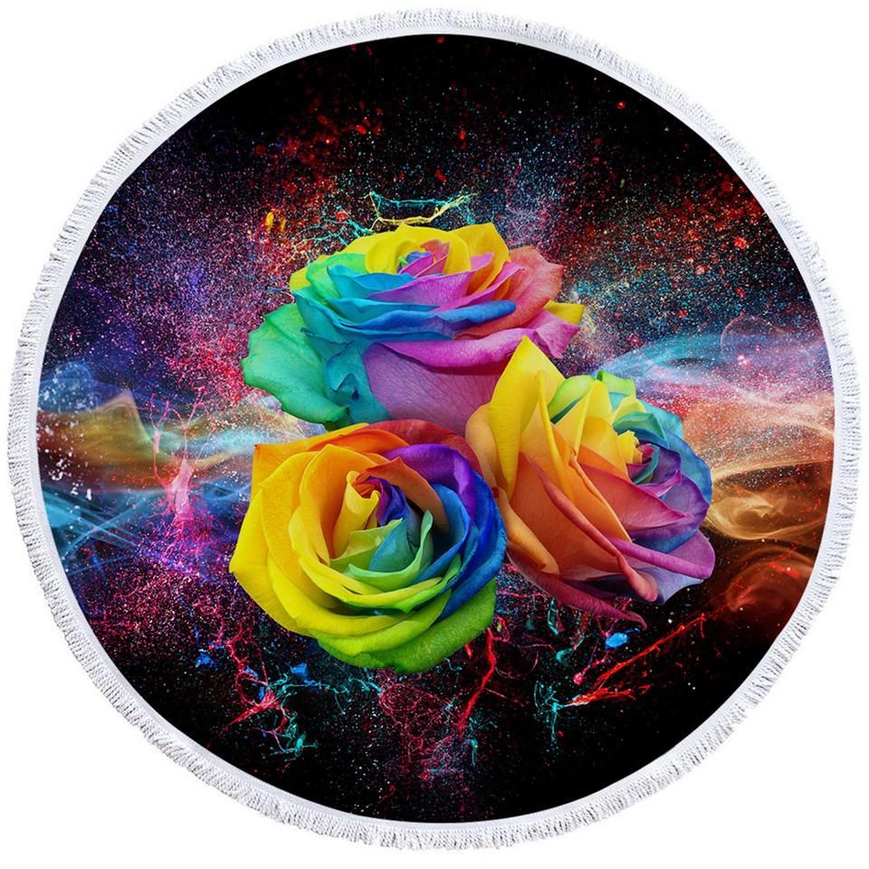 Colorful Roses Galaxy Printed Round Beach Towel