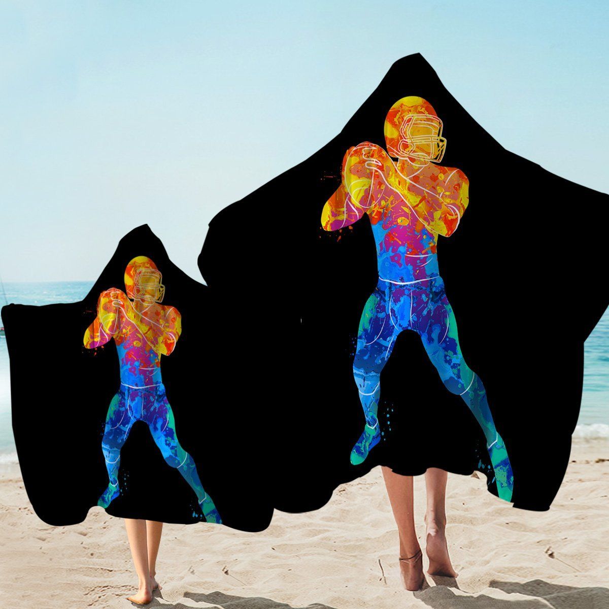 Colorful Rugby Player On Black Printed Hooded Towel